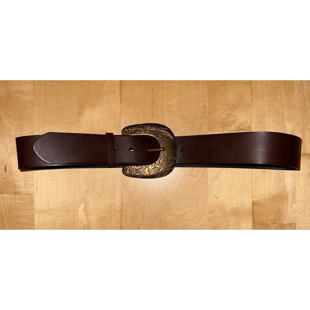 Polo by Ralph Lauren Brown Leather Belt with Engraved Gold Buckle